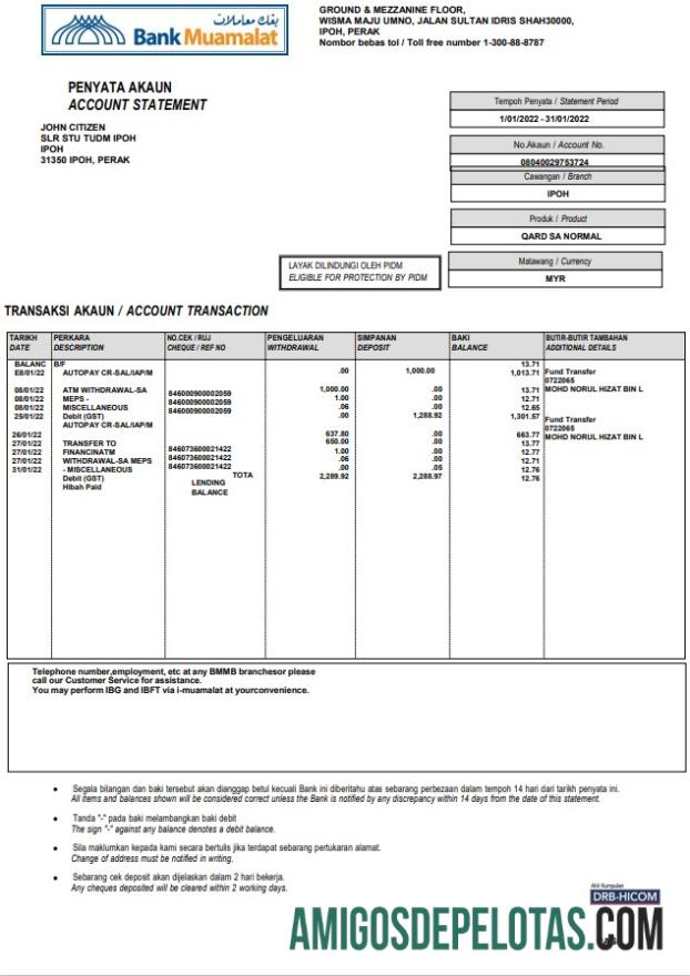 Modelo de extrato de conta bancária do Malaysia Bank Muamalat